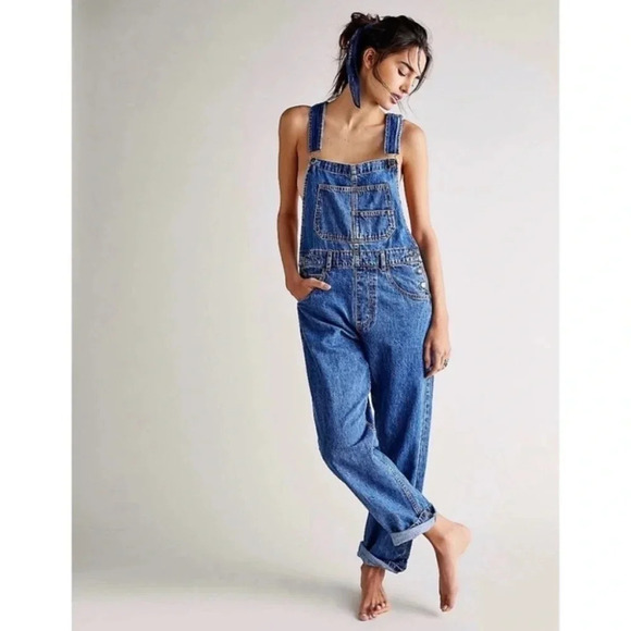 Free People Ziggy Denim Overalls Jean One Piece Baggy Sapphire Blue XS - Picture 1 of 10